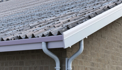 Sloped roof with gray shingles and modern gutter system efficiently channels rainwater, enhancing building durability and functionality. brick wall adds classic touch
