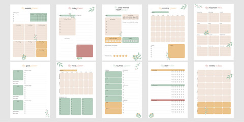 Bullet Journal Template Bundle A4 Size. Printable Daily Weekly Monthly Planner Pages with Checklist Habit Trackers and Goal Layout. Cute Vector Floral Design for Personal Organizer