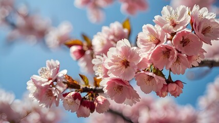 Obraz premium Vibrant pink cherry blossoms against blue sky, soft bokeh, spring season