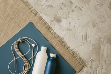 High Detail Visual of Top View Yoga Mat, Water Bottle and Jumping Rope
