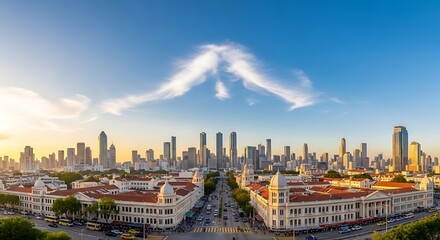 Naklejka premium Vibrant Urban Skyline Under Unique Cloud Formation at Sunset