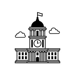 Outline style illustration of a government building with dome, flag, and clouds.