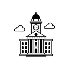 Illustration of a classic clock tower building with architectural detailing and clouds.