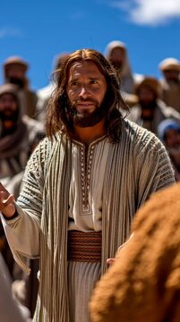 esus Christ stands in an outdoor setting, teaching a large, diverse crowd of people who are intently listening