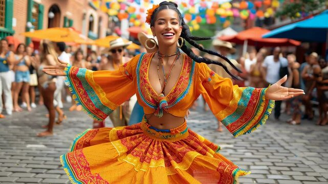A joyful woman in vibrant traditional clothing dances in the middle of a colorful street festival, surrounded by people, decorations, and a lively celebration atmosphere.