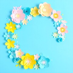 Obraz premium パステルカラーのペーパーフラワーリースとブルー背景