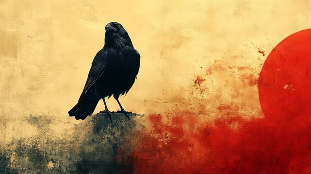 Black crow perched on textured surface with large red circle and warm yellow gradient background in bold symbolic composition
