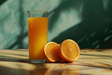 A Glass of Orange Juice Sits on a Table with a Grapefruit and a Glass of Orange Juice