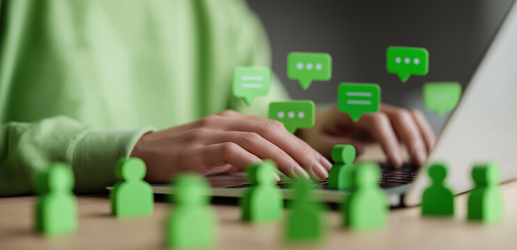 Person typing while surrounded by floating green social media icons.