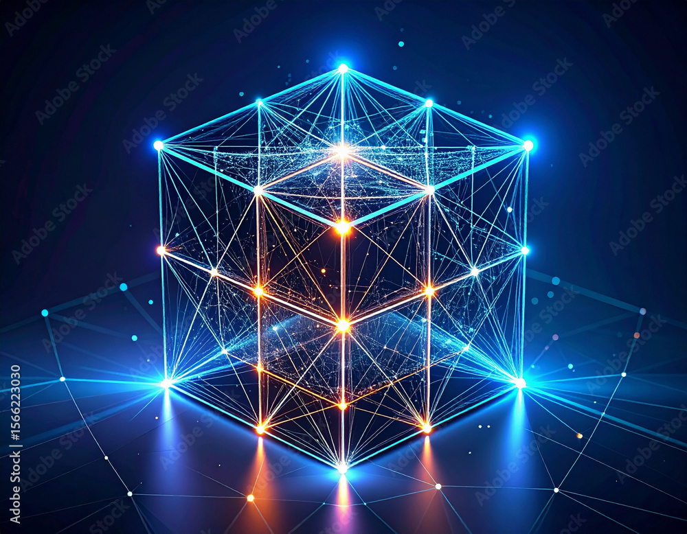 Poster a large, glowing wireframe cube, illuminated with bright blue and orange lights, is formed by a netw