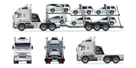 Car carrier trailer, heavy car carrier semi trailer truck carrying fully loaded cars on two vehicle levels from different angles vector set illustration