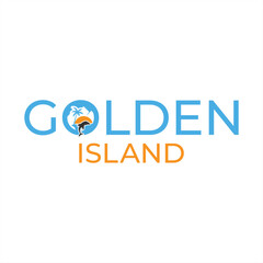 Golden Island Vacation Spot Logo Design Featuring Tropical Beach Scene and Playful Dolphin for a Memorable Brand Identity