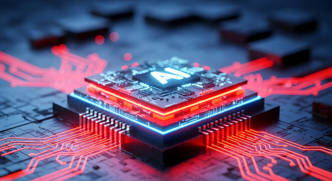Futuristic glowing AI chip on a circuit board embodies advanced technology and computational power for neural networks.