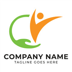 Empowering Healthcare Logo Depicting Support and Vitality with Green Hand and Joyful Orange Figure Celebrating Wellbeing