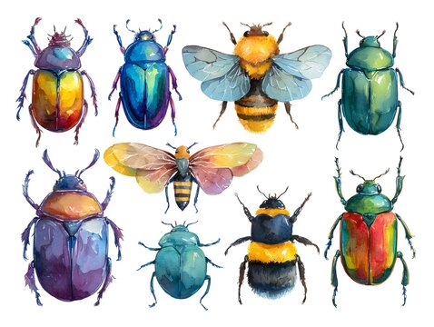 collection of beetles, watercolor, white isolated background