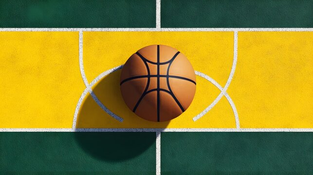 Overhead View Basketball on Court Green Yellow