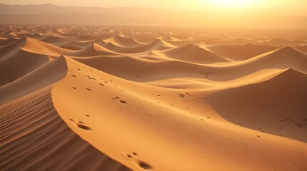 A detailed HD capture of soft sand dunes under golden sunlight, wind-sculpted ridges casting long shadows across the rippled surface -