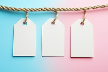 Three White Paper Rectangular Tags on a Rope on a Colored Background Flat Lay Price Tag Gift for