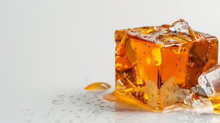 Close-up of a large ice cube with amber-colored whiskey or spirit inside