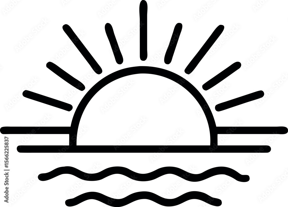 Poster vector art of a simple line drawing of the sun setting over the ocean, isolated on white background