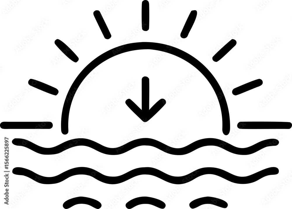 Poster vector art of a simple line drawing of the sun setting over the ocean with an arrow, isolated on whi