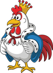 Cartoon Rooster King Front View with Royal Crown and Robe, Farm Animal Character Illustration, Funny Chicken Royalty Vector, Colorful Poultry Design