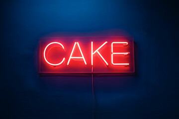 A striking red neon sign that reads "Cake" illuminates a deep blue wall, creating an inviting and trendy atmosphere perfect for dessert lovers.