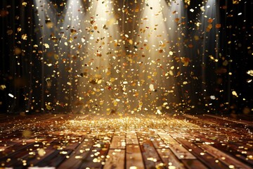 Golden Confetti Cascading Onto a SpotlightLit Stage with a Wooden Floor