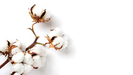 Close up of a cotton plant branch with fluffy white cotton bolls on a white background studio shot