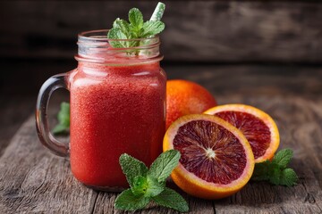Blood orange smoothie in mason jar with mint and citrus halves on a weathered wood surface
