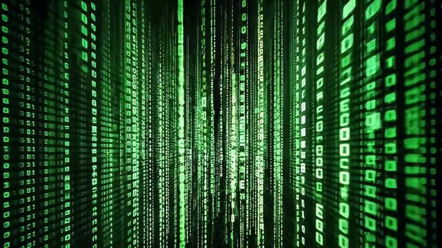 Green Digital Data Stream with Binary Code Flowing Downward on Black Background