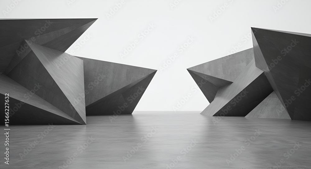 Poster geometric concrete structures on a reflective floor create a minimalist abstract space