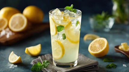 Refreshing glass of iced lemonade with lemon slices and mint, summer vibes