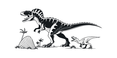 Magnificent Tyrannosaurus Rex and its Offspring A Striking Monochrome Illustration