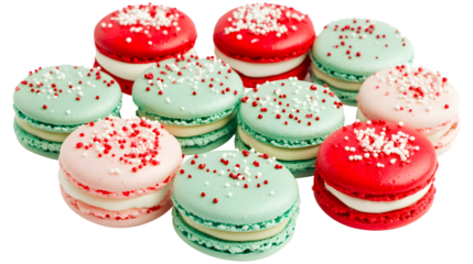 A row of colorful macaroons with white centers. The macaroons are arranged in a row and are of different colors