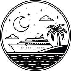 Stylized black and white line art illustration of a cruise ship sailing near a tropical island with a palm tree under a crescent moon and starry night sky isolated on transparent background