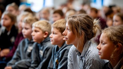 Obraz premium Group of school children attentively listening during a classroom or assembly session, showing focus and engagement in an educational environment.