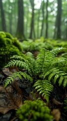 Rain-drenched leaves on a forest floor, droplets glistening on vibrant green ferns and mossy rock