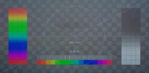 No Signal TV Test. Lcd Monitor. Flat Screen TV. Television Colored Bars Signal. SMPTE bars monoscope