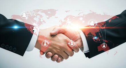 Business handshake with global network overlay representing international connections and partnership