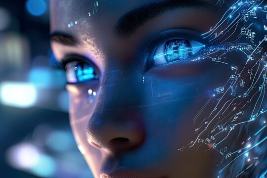 Close-up of a futuristic human eye with digital data patterns