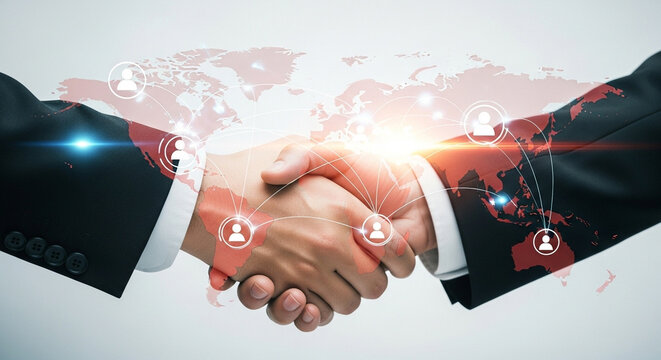 Business handshake with global network overlay representing international connections and partnership