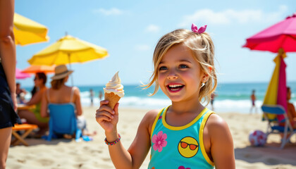 Child enjoying ice cream at the beach summer fun family outing sunny day playful atmosphere