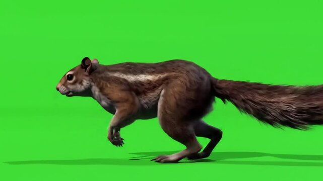 Ultra realistic squirrel running, solid green screen background
