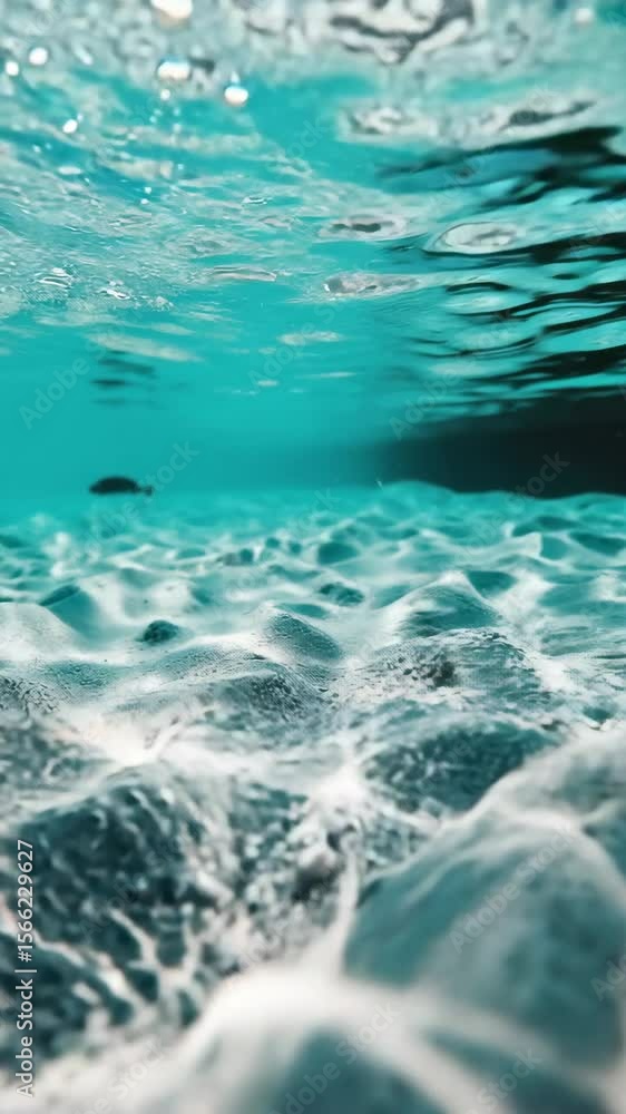 Poster underwater video concept with a low-angle view capturing sunlight patterns on the ocean floor, creat
