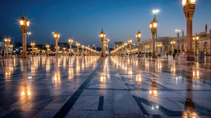 Reflective City Square at Night with Golden Lamps