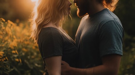 A couple embraces warmly in a sunlit field, sharing an intimate moment.