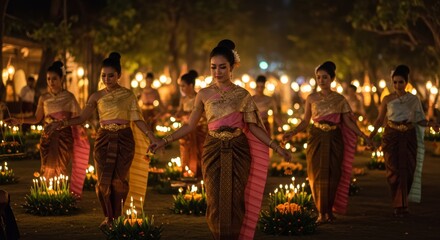 Elegant Thai Women in Traditional Dress at Night Festival