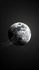 Surreal black-and-white image of the moon with a web-like structure stretching across its surface
