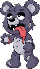 Creepy Cartoon Bear Front View with Stitches and Drooling Tongue, Missing Finger Illustration, Cute Horror Character, Halloween Teddy Vector Artwork
